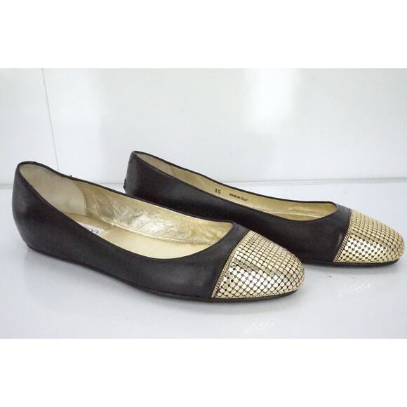 Jimmy Choo Waine Black Leather Gold Stud Cap Toe Ballet Flats Size 35 NIB $565 - Picture 2 of 11